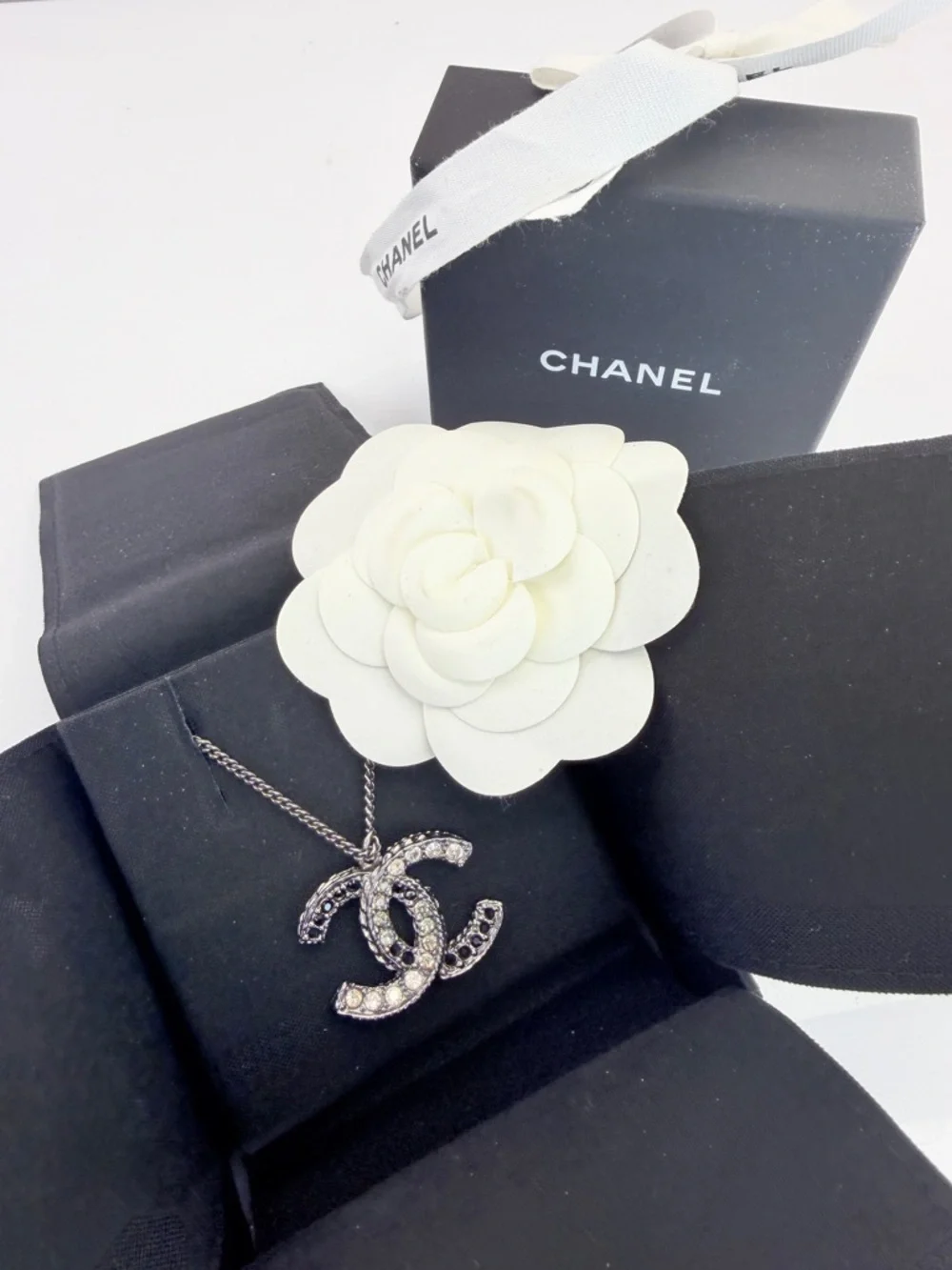 Chanel Black Crystal Interlocking Logo CC Pendant Necklace